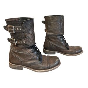 AllSaints Damisi Leather Combat Moto Boots Brown‎ Buckle Distressed EU 38 US 8